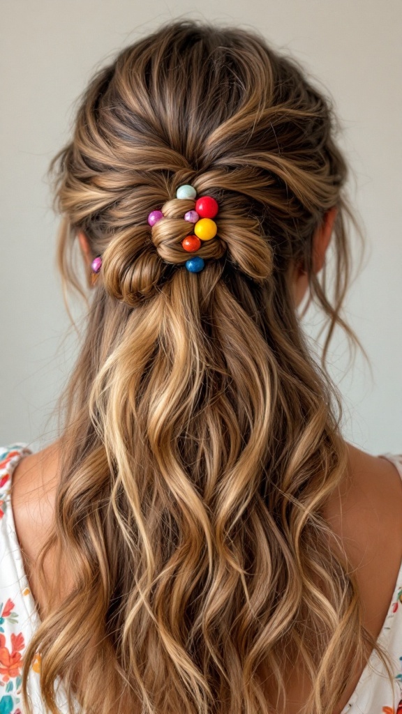 Half up hairstyle with colorful beads and flowing waves