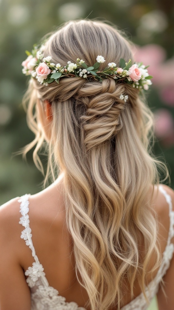 Half up half down hairstyle with floral crown featuring pink roses and greenery