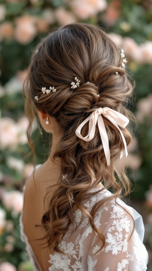 Half up half down hairstyle with ribbon detail and floral pins