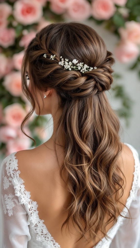 Half up half down hairstyle with side braid and floral accessory