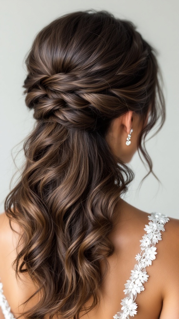 Half up hairstyle with a side braid and loose curls, ideal for bridesmaids