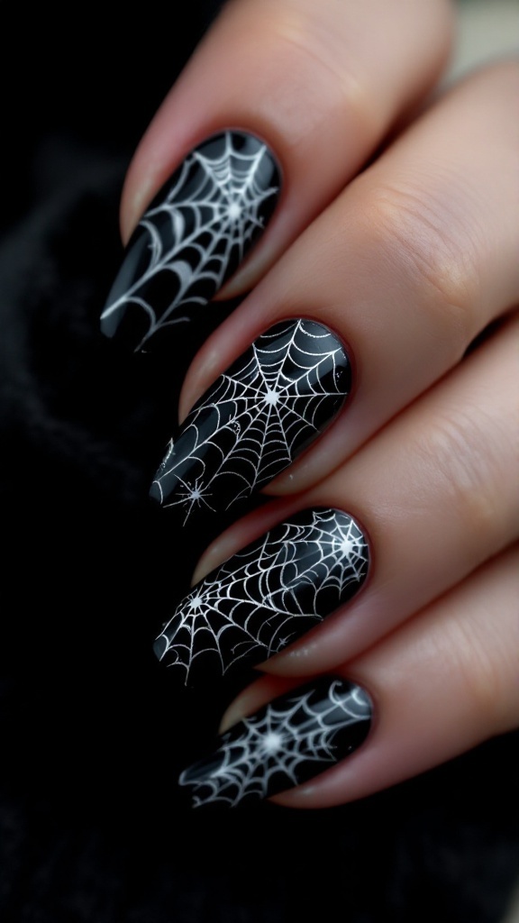 Close-up of black nails with white spider web designs, showcasing a gothic wedding nail design.