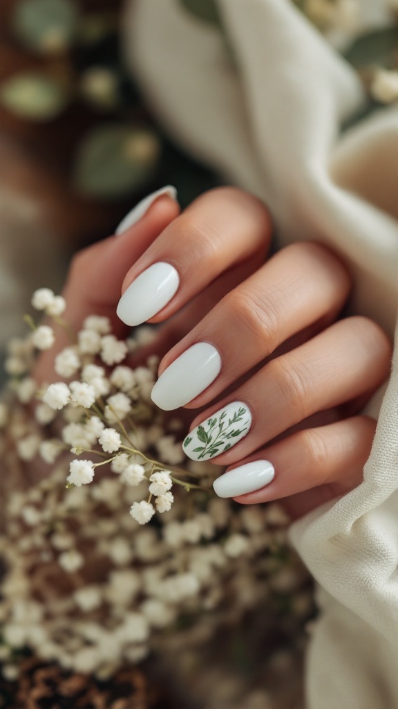 A close-up of a hand with herb-inspired nail art on a white nail design, surrounded by delicate flowers and greenery.