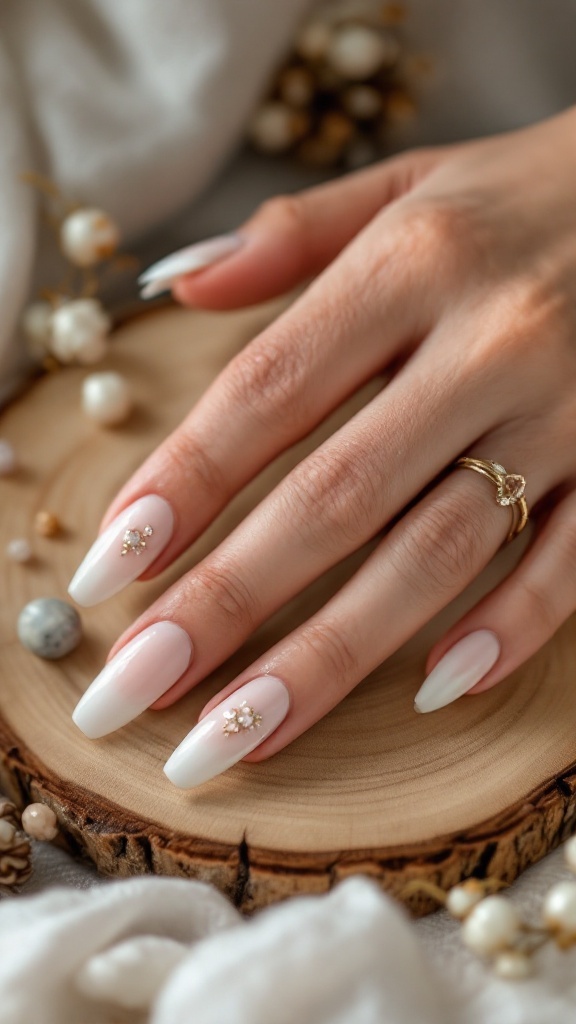 A hand with elegant nails featuring a soft ombre design and delicate gemstones, placed on a wooden slice.