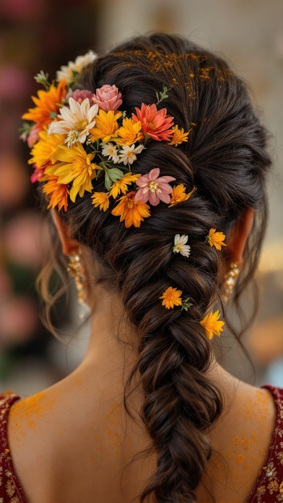 A beautiful braid adorned with colorful haldi flowers, perfect for a bridesmaid hairstyle.