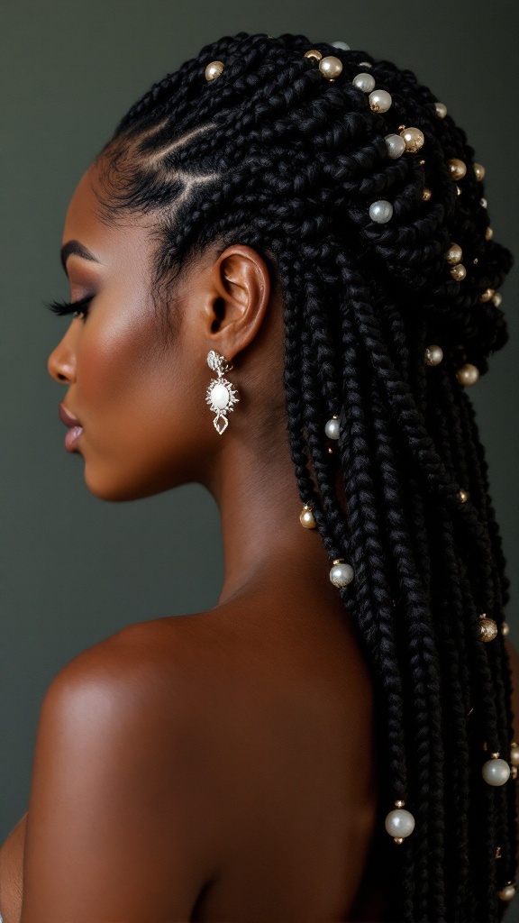 A close-up of a woman with intricate cornrows adorned with beads, showcasing a stylish hairstyle.