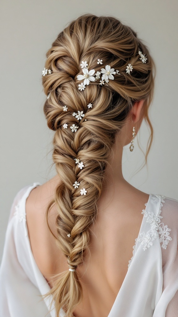 A beautiful intricate fishtail braid adorned with small white flowers, showcasing a delicate and elegant hairstyle for bridesmaids