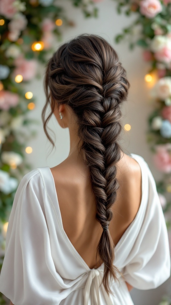 A close-up of a woman with a fishtail braid hairstyle, wearing a white dress, set against a floral background.