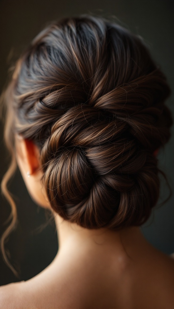 A close-up view of an intricate twisted updo hairstyle with soft curls and a polished finish.