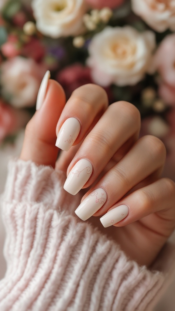 Ivory nails with artistic swirls, showcasing elegance against a backdrop of flowers.