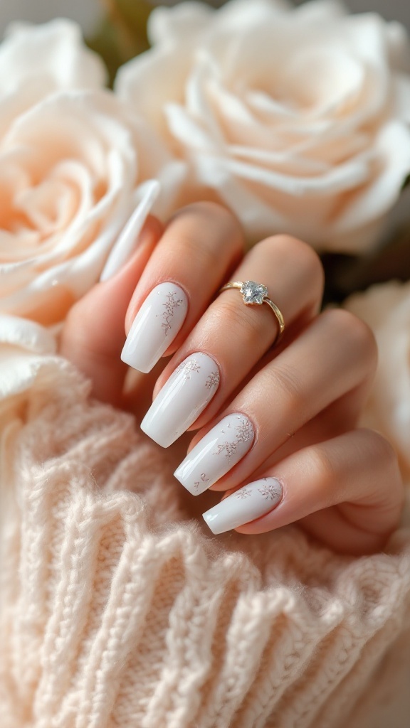 Ivory nails with delicate glitter swirls, featuring a gold ring, surrounded by soft roses.