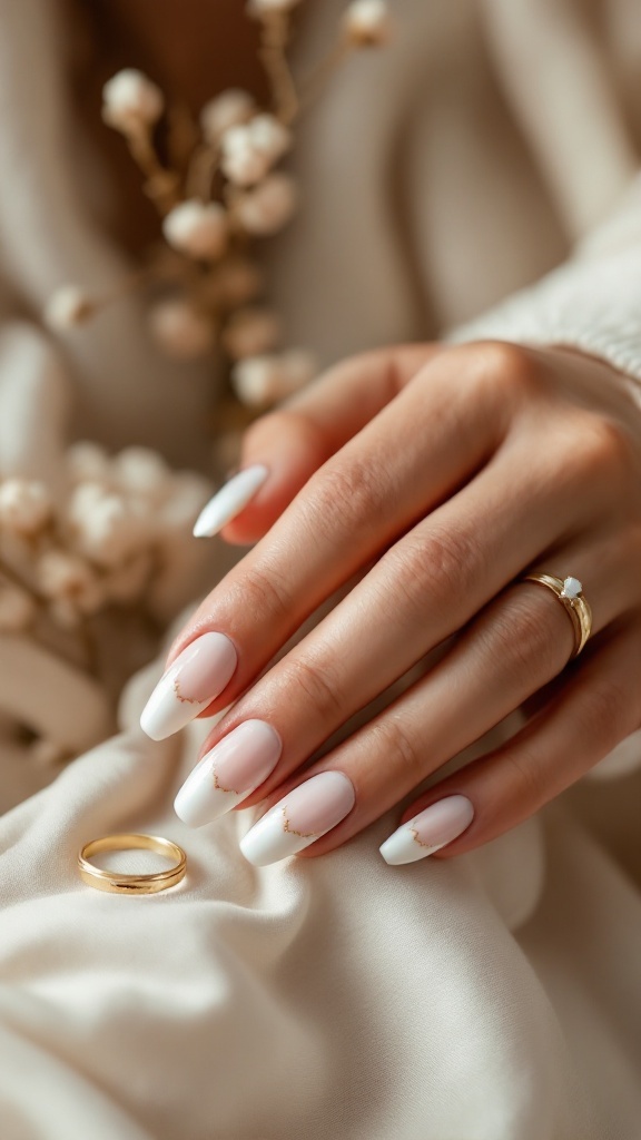 A hand with ivory wedding nails featuring gold accents, holding a simple gold ring.