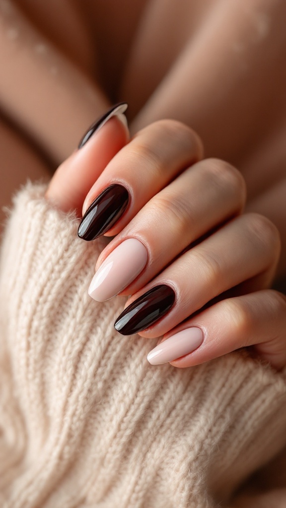 Ivory nails with dark accents displayed against a cozy knitted sweater.