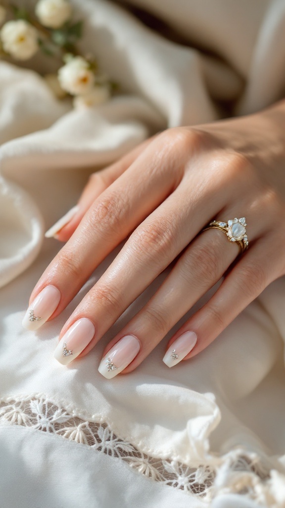 Ivory wedding nails with rhinestones, featuring a delicate design on a soft fabric background