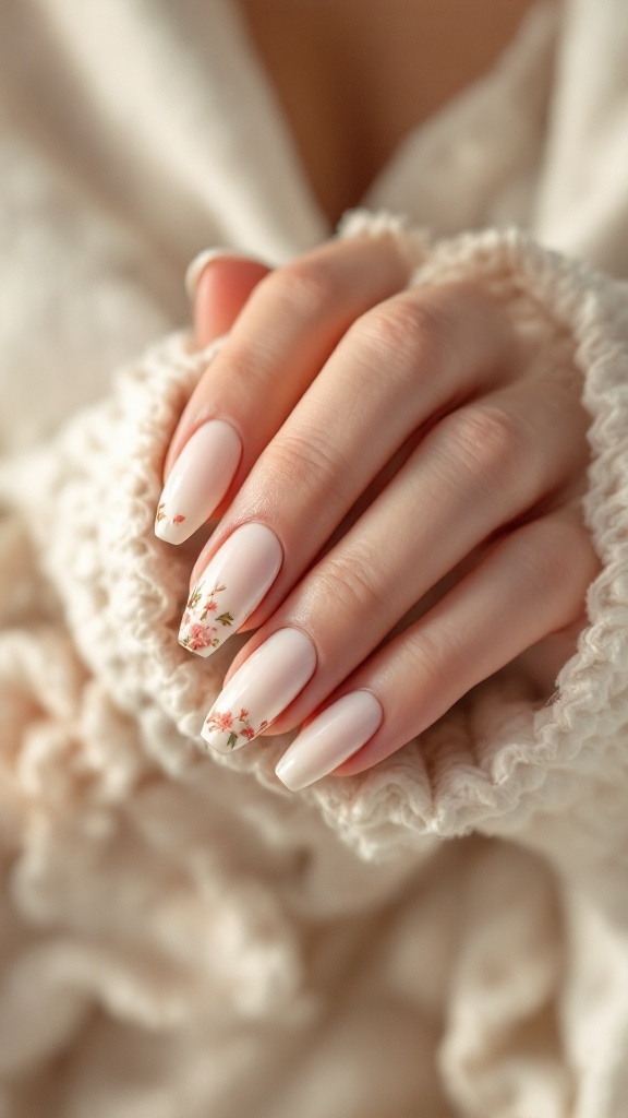 Close-up of a hand with ivory nails featuring floral accents, against a soft textured background.