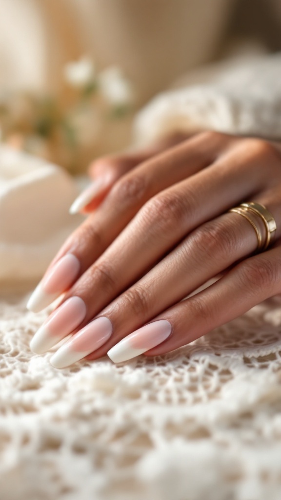 Close-up of hands with ivory ombre wedding nails on a lace background