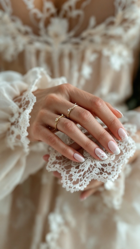 Close-up of hands with lace-inspired nail art, wearing rings and holding a lace fabric.