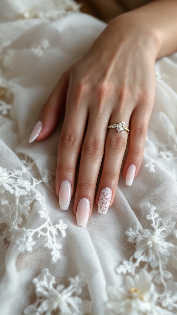 Close-up of a hand with wedding nails featuring a lace design on a soft pink base, resting on a lace fabric.