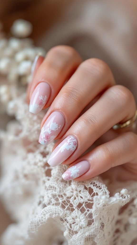 Wedding nails featuring a lace design with a watercolor effect in soft pink and white.