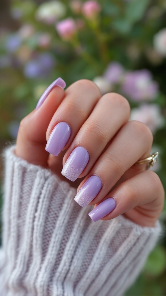 A hand showing lavender glitter fade nails against a floral background