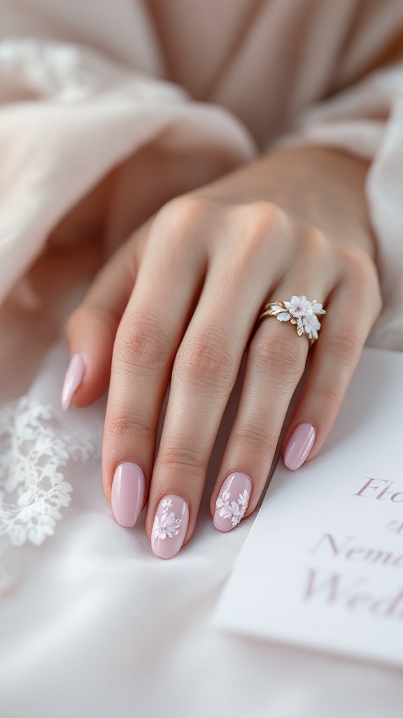 Lavender nails with 3D floral embellishments on a hand, showcasing a delicate wedding ring and a wedding invitation in the background.