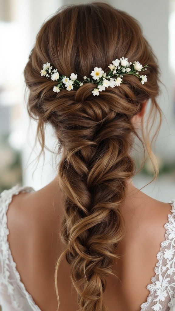 A beautiful layered braided updo adorned with floral clips, showcasing long hair styled elegantly.