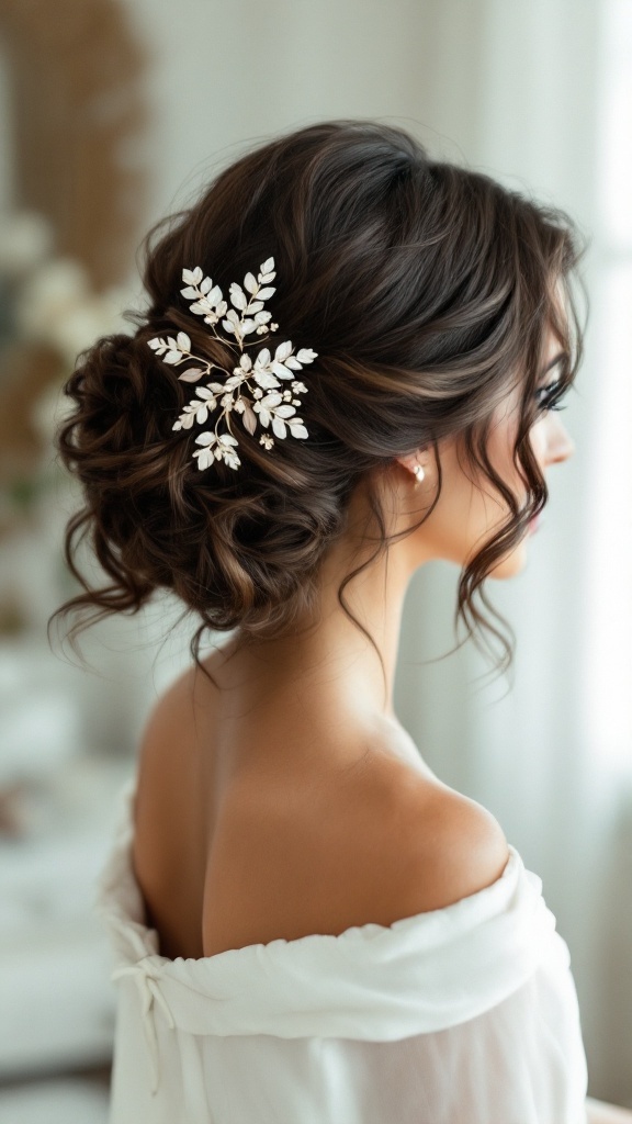 Layered curls styled with a chic comb, showcasing an elegant bridal look.