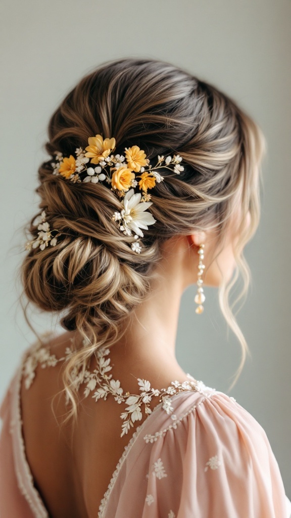 A layered updo hairstyle with yellow and white flowers, perfect for a bridesmaid at a haldi ceremony.