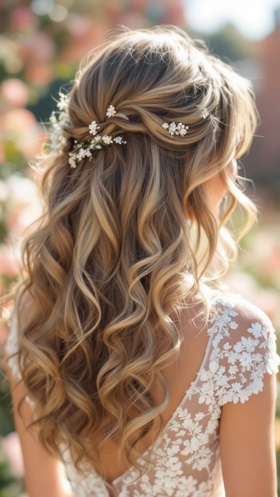 Bridesmaid hairstyle featuring layered hair with soft curls and floral accessories.