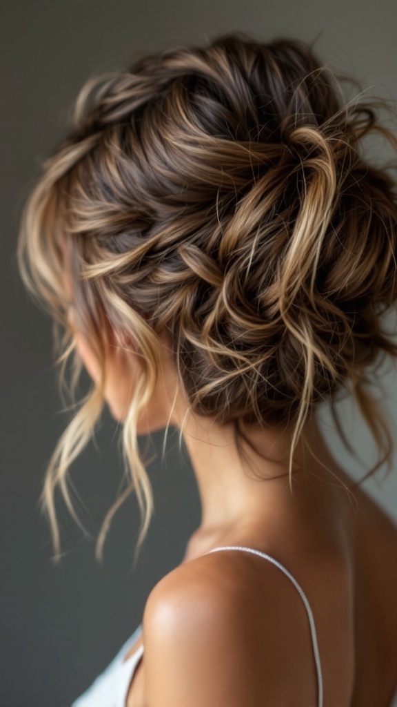 A layered messy updo hairstyle showing soft layers and loose strands for a romantic look.