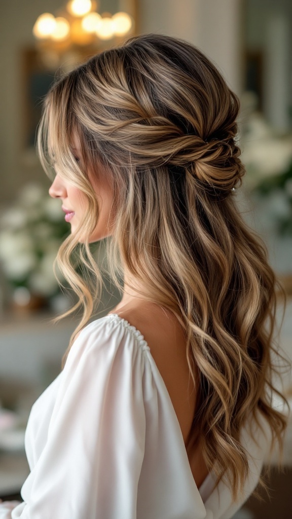 Bridesmaid hairstyle featuring layered waves and a side part