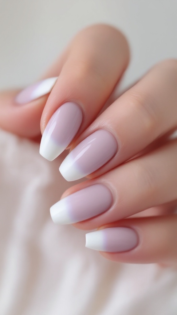 Short wedding nails with pastel lilac ombre and white tips