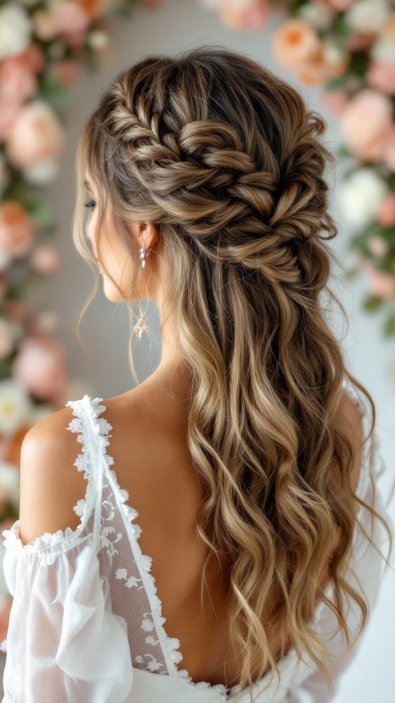 A bride with loose braided waves hairstyle, showcasing intricate braids and soft curls.