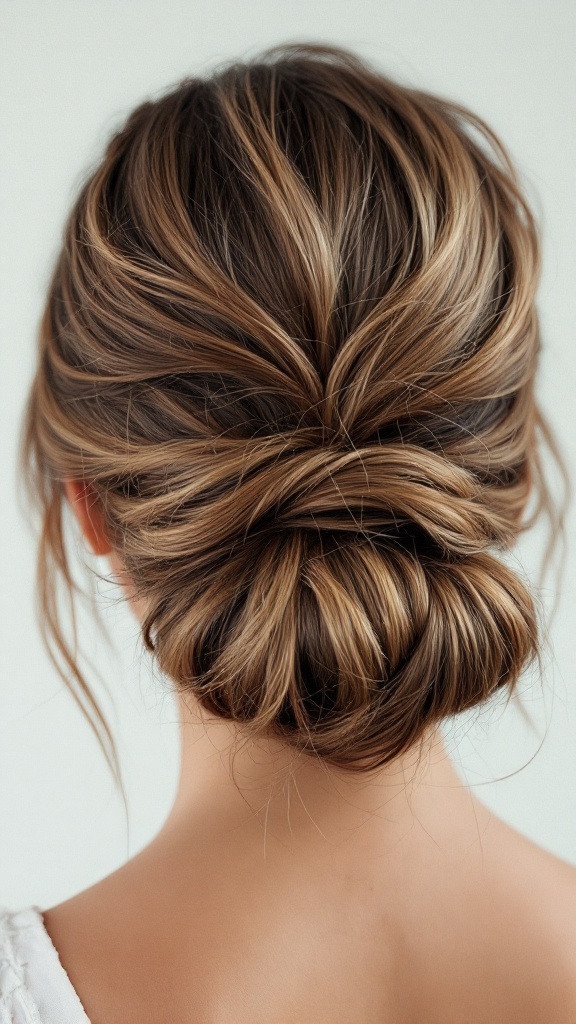 A loose chignon hairstyle with a textured finish, showcasing twists and soft strands.