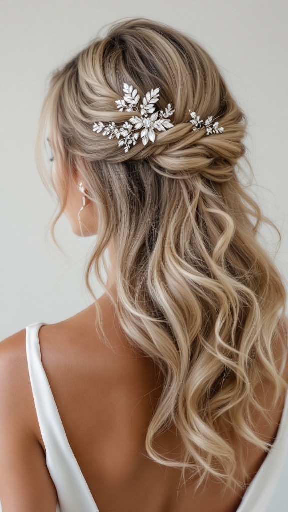 A hairstyle featuring loose waves adorned with a sparkling hairpiece for a bridesmaid.