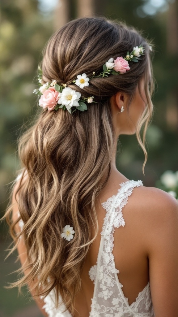 A young woman with loose waves adorned with pink and white floral accents in her hair.