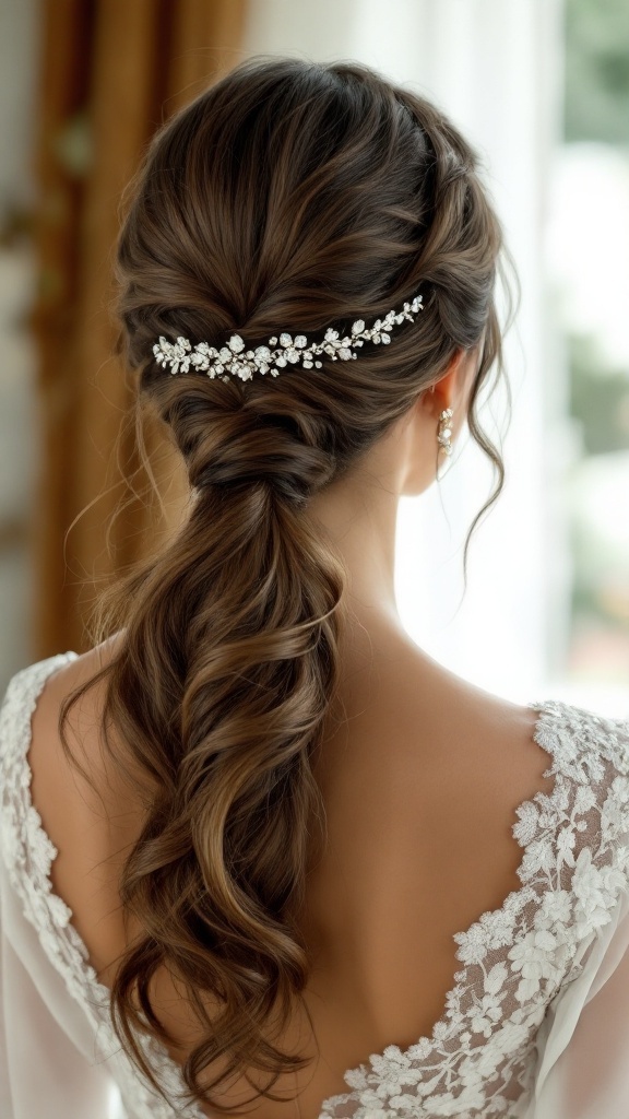 Bridesmaid hairstyle featuring a low ponytail and sparkling headband