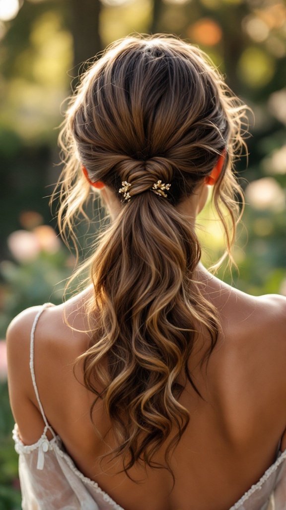 A low ponytail hairstyle with cascading curls, decorated with hair accessories, seen from the back.