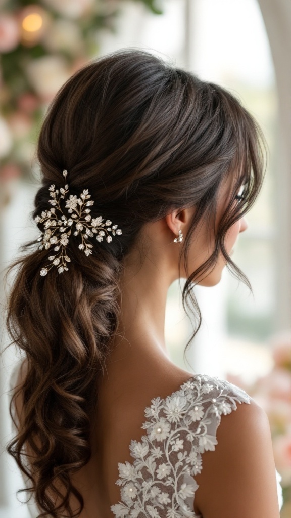 A beautifully styled low ponytail adorned with decorative hair pins, complemented by a lace dress.
