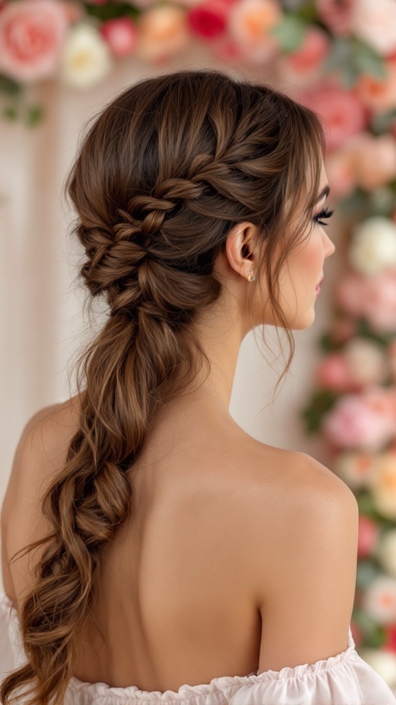 A woman with a low ponytail hairstyle featuring a hidden braid detail, surrounded by flowers.