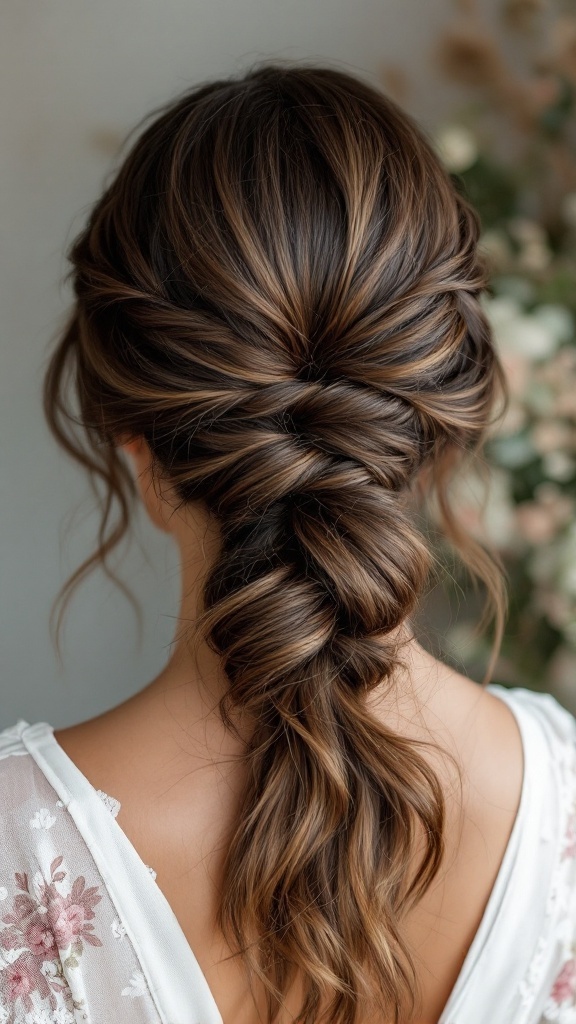 A woman showing off a low ponytail hairstyle with twisted sections.
