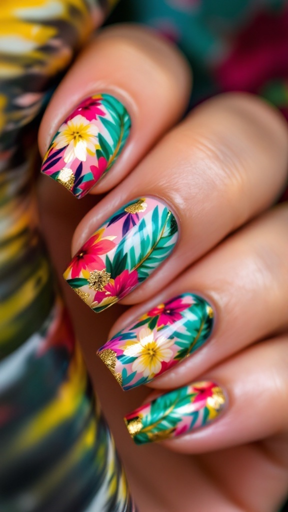 Close up of manicured nails featuring pink and white design with gold foil accents against a floral background.