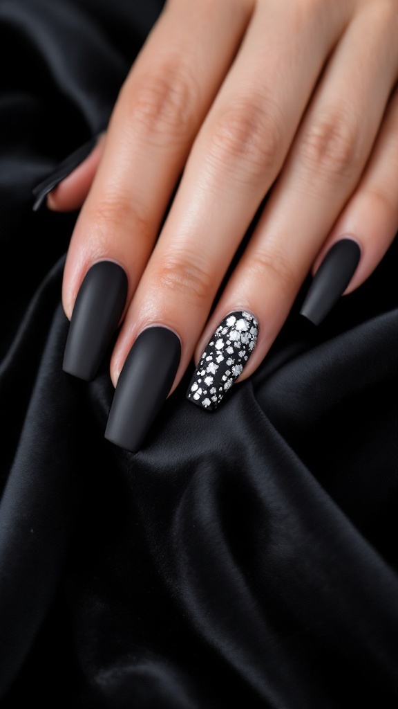 A close-up of hands with matte black nails featuring silver glitter accents on some nails, set against a dark textured background.