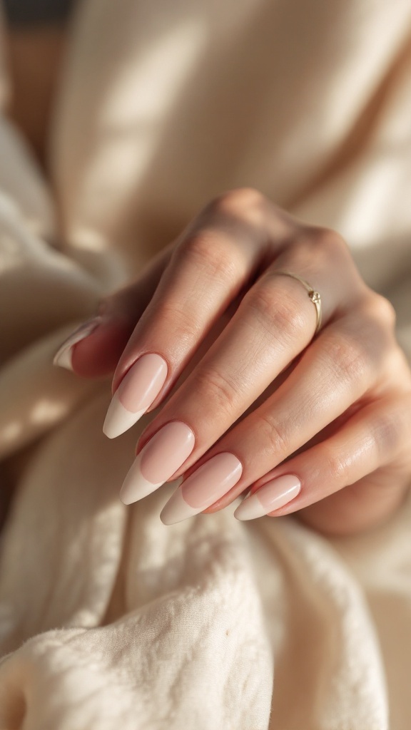 Matte finish reverse tip French wedding nails on a hand resting on a soft fabric