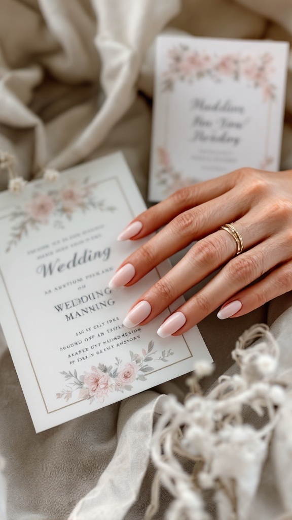 A hand with matte finish pink nails and glossy tips resting on a wedding invitation.