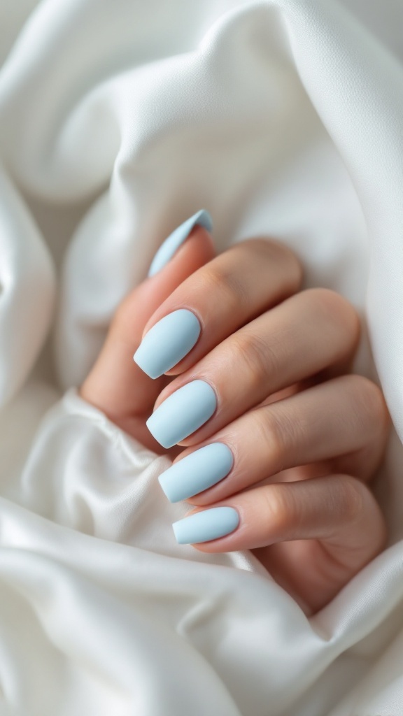 A hand displaying matte light blue nails on a soft, white fabric background.