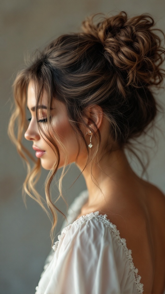 A woman with curly hair styled in a messy bun with loose tendrils, showcasing a soft and romantic look.