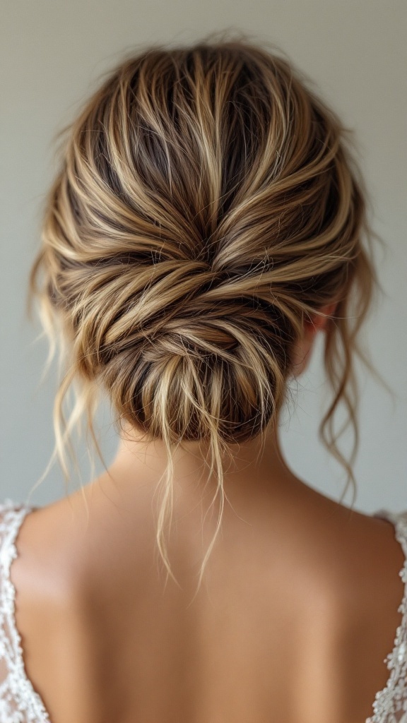 A messy bun hairstyle with face-framing strands, perfect for bridesmaids.