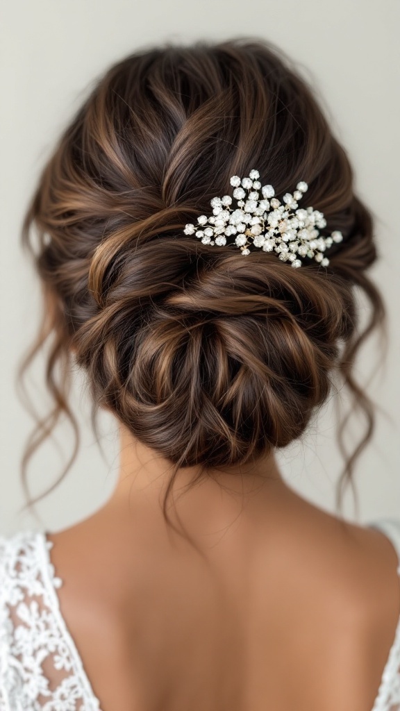 A hairstyle featuring a messy bun with half down curls, adorned with decorative hair accessories.