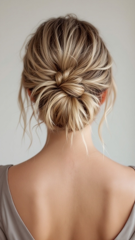 A messy bun hairstyle featuring soft face-framing layers